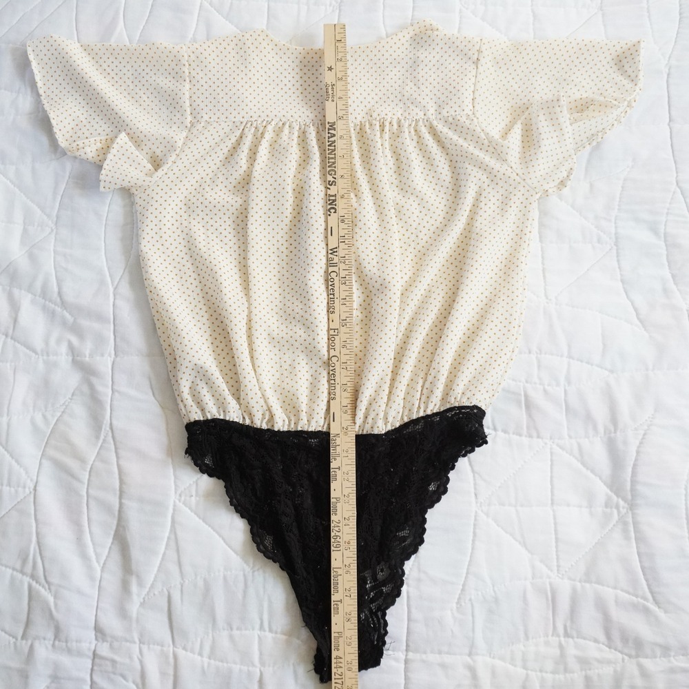 Free People Uptown Girl Flutter Bodysuit Polka Dot Tie Front Black Lace Thong S - Picture 8 of 9